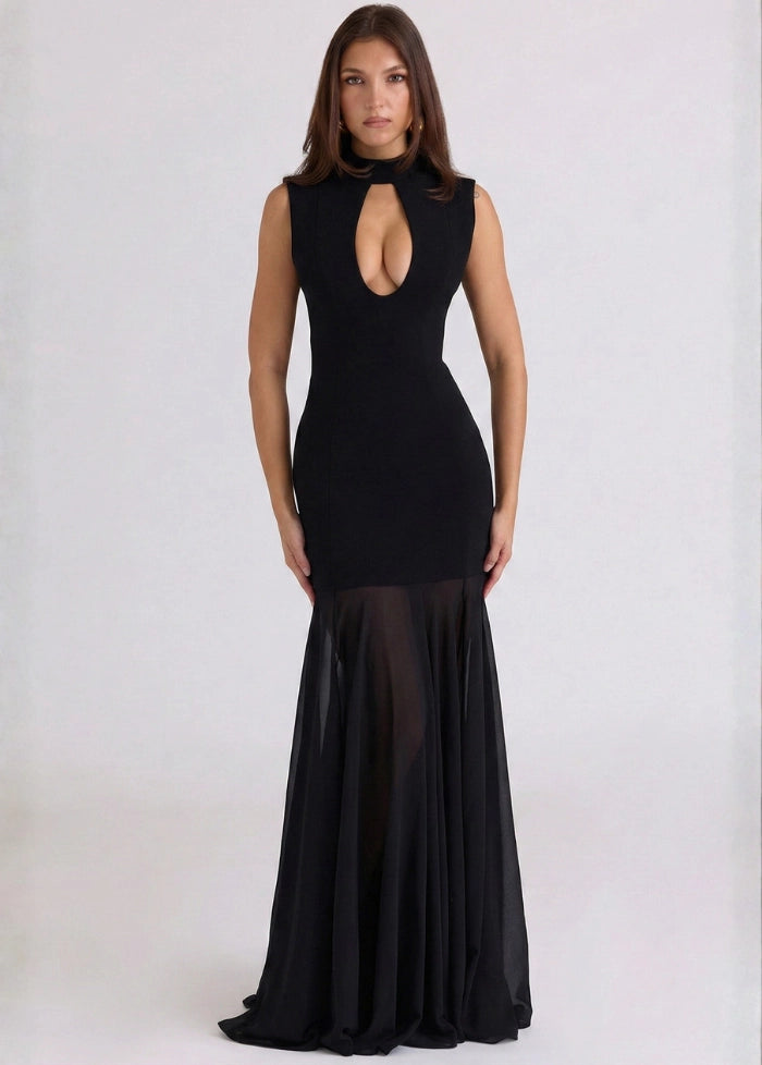 Black evening dress with tulle insert My dress studio
