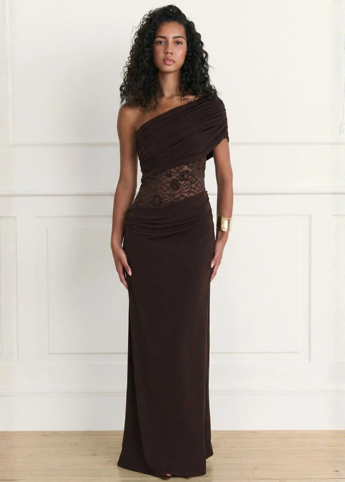 Brown evening dress with lace insert My dress studio
