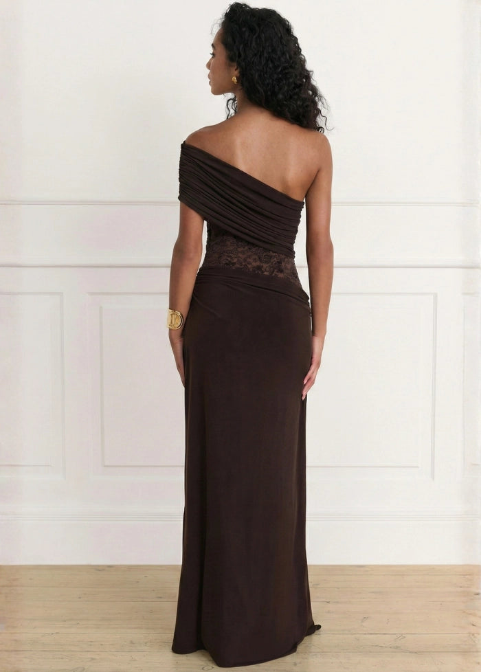 Brown evening dress with lace insert My dress studio