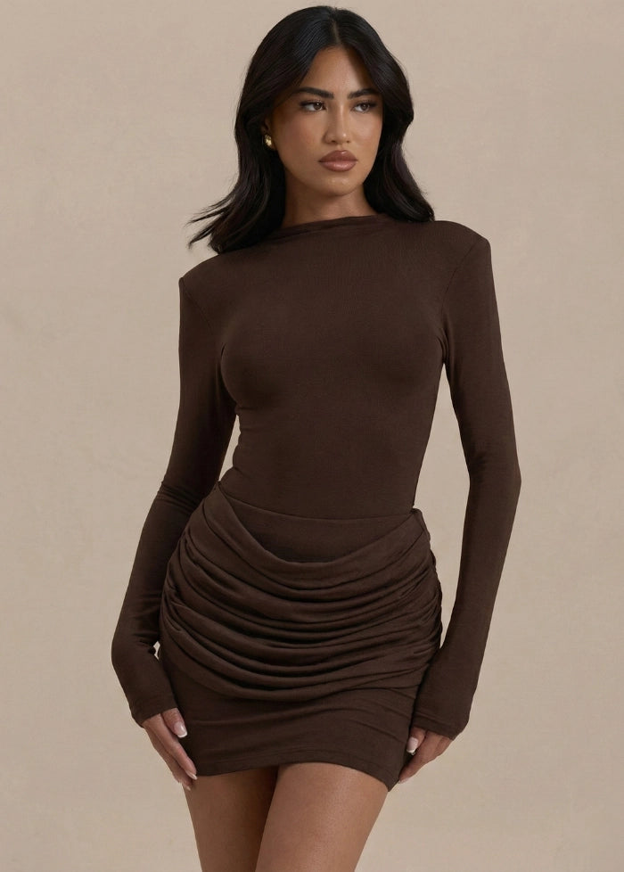 Brown long-sleeved draped dress My dress studio