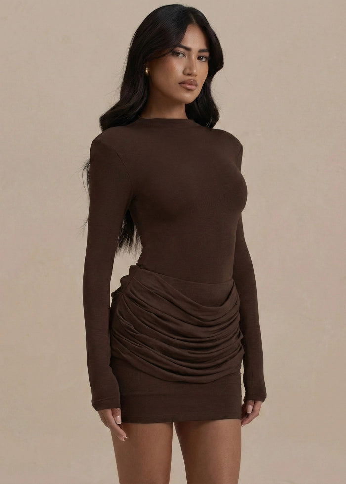 Brown long-sleeved draped dress My dress studio