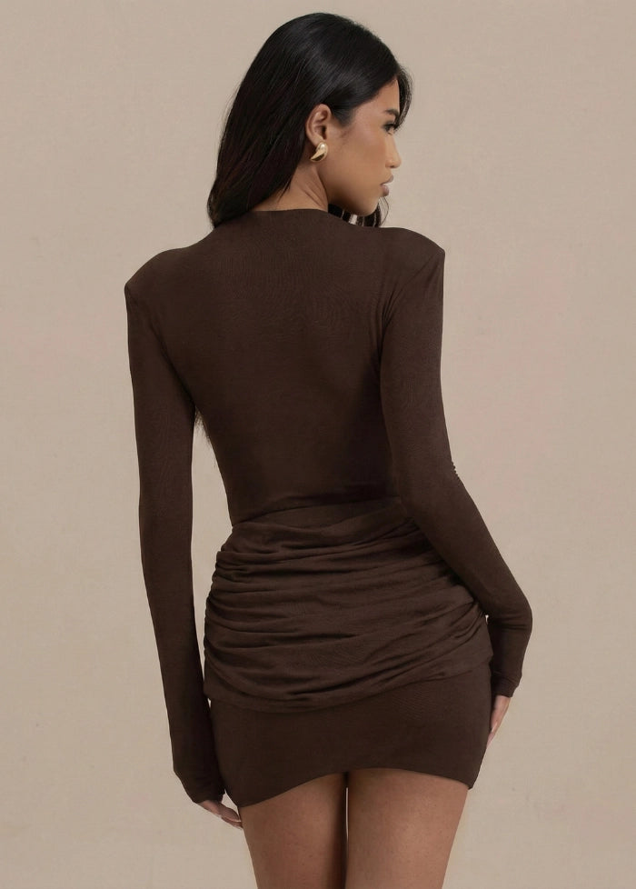 Brown long-sleeved draped dress My dress studio