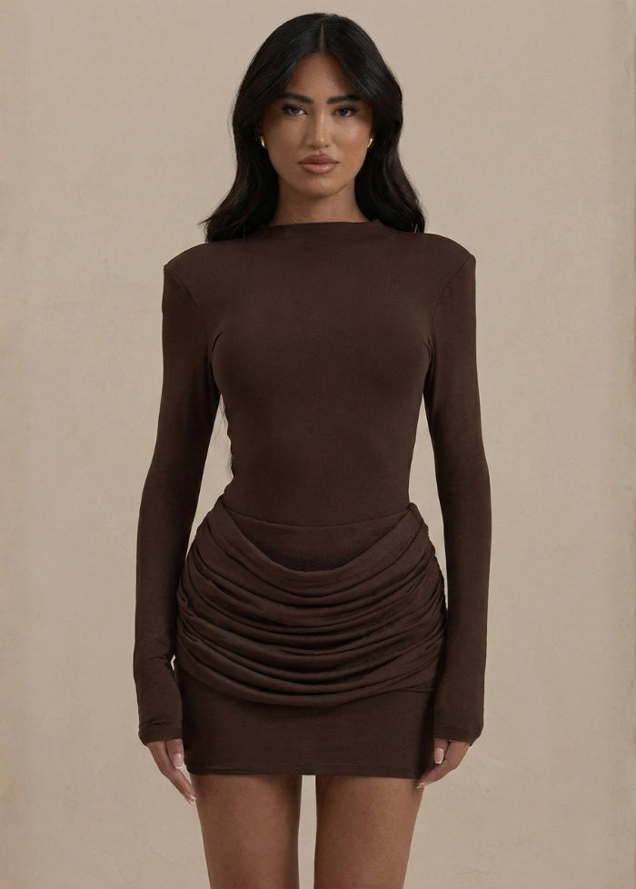 Brown long-sleeved draped dress My dress studio