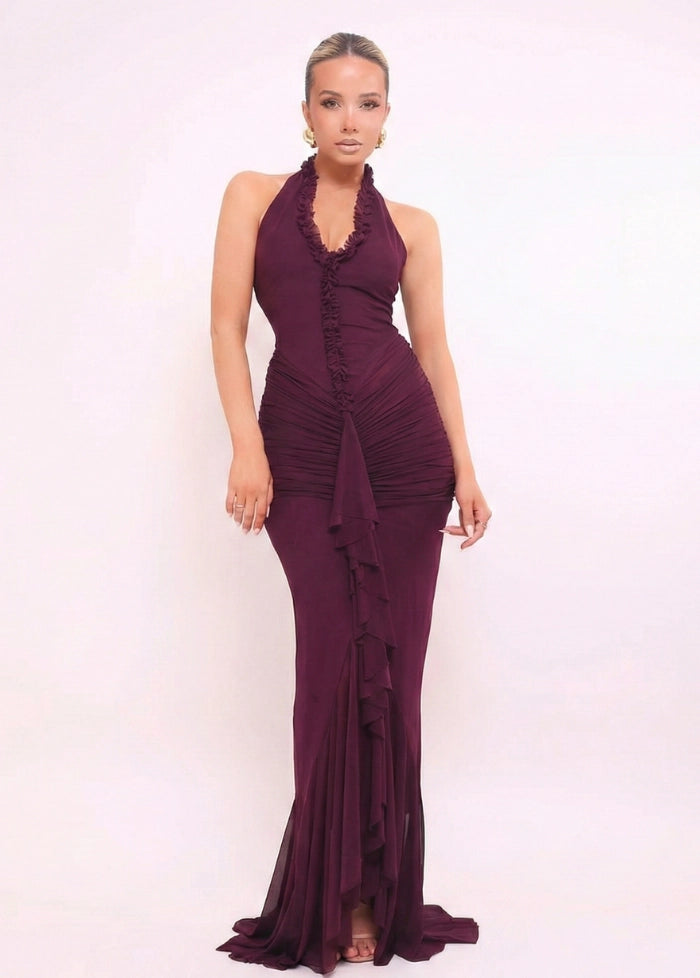 Burgundy draped evening dress My dress studio