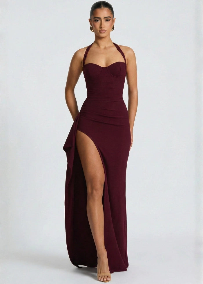 Burgundy dress with slit and straps My dress studio