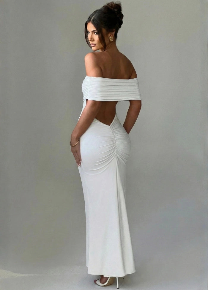 Long white dress with bare shoulders My dress studio