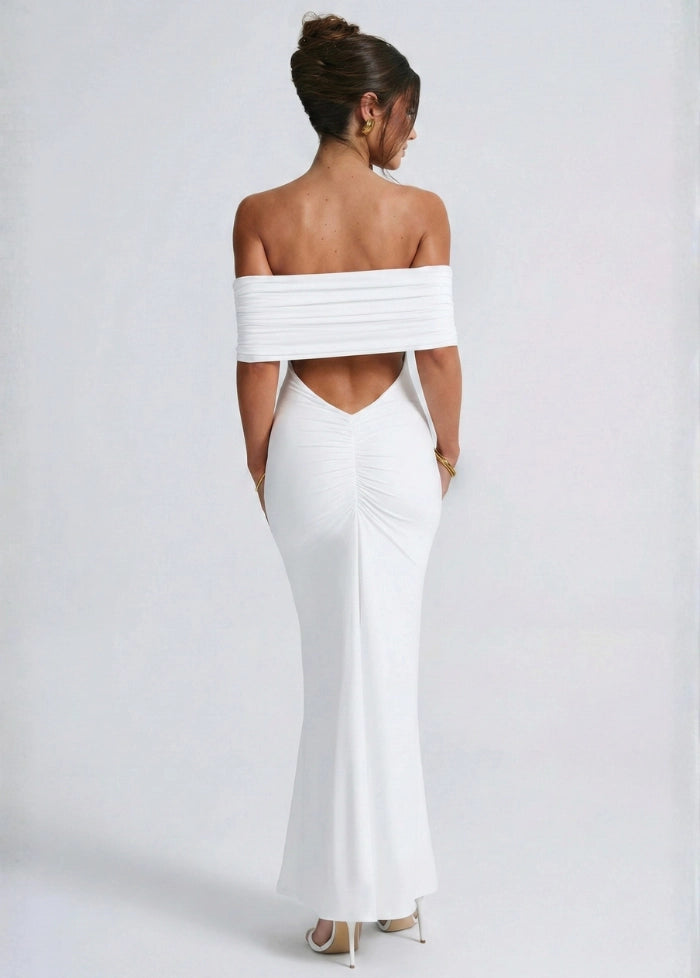 Long white dress with bare shoulders My dress studio