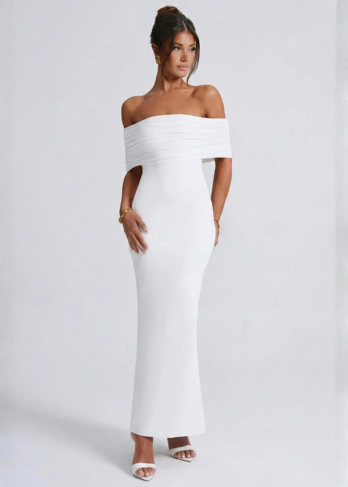 Long white dress with bare shoulders My dress studio