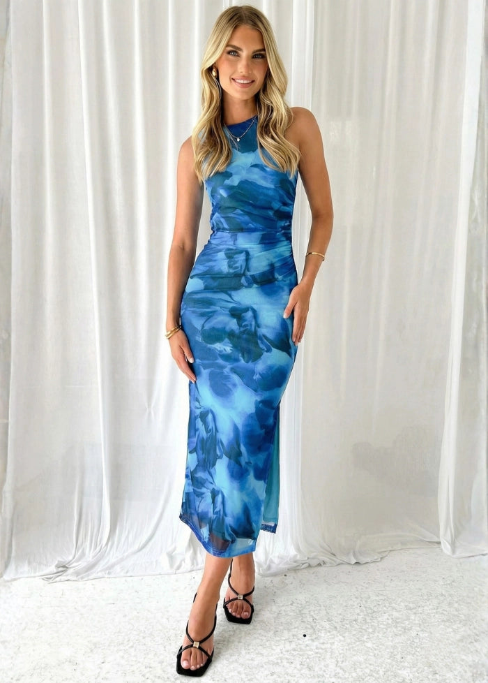 Sleeveless blue floral print dress My dress studio
