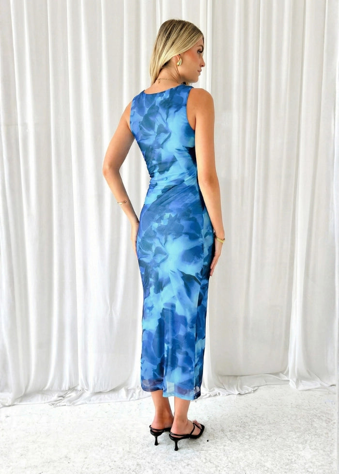 Sleeveless blue floral print dress My dress studio
