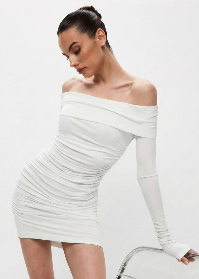 White bodycon dress with bare shoulder My dress studio